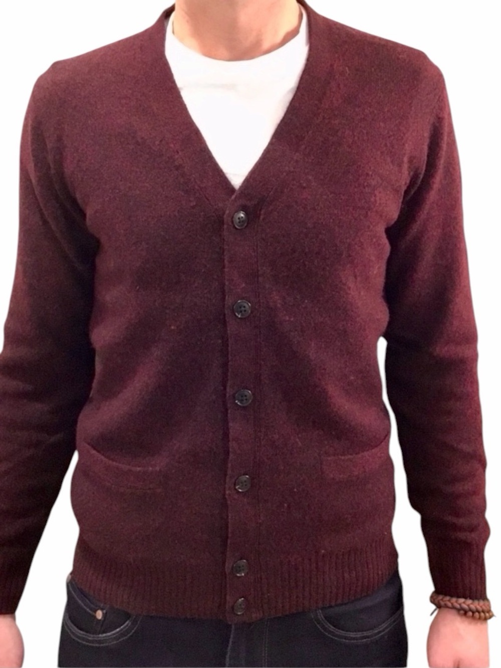 Uniqlo 100% Wool Cardigan Sweater Pockets Wine Burgundy Sz M/L